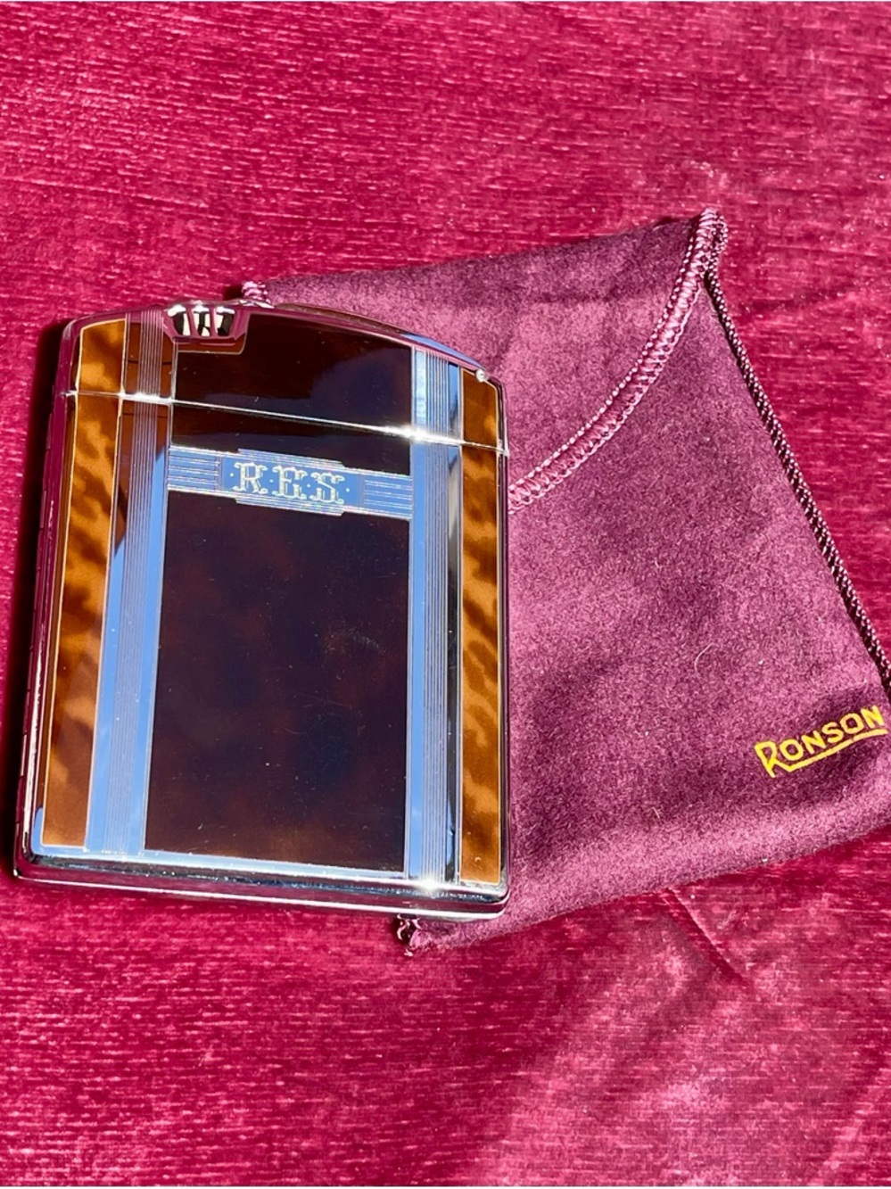 Ronson Vintage Metal Pocket Lighter - Brown & Chrome details